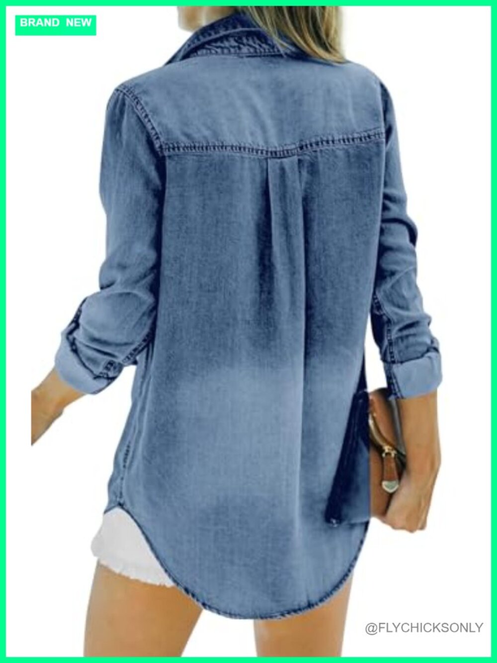 Button Down Denim Shirt Oversized Long Sleeve Roll Up Casual Jean Jacket Tunic - Picture 3 of 7